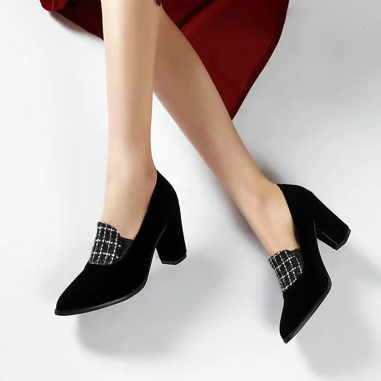 Women's Lattice Patchwork Shallow Chunky Heel Slip-On Loafers