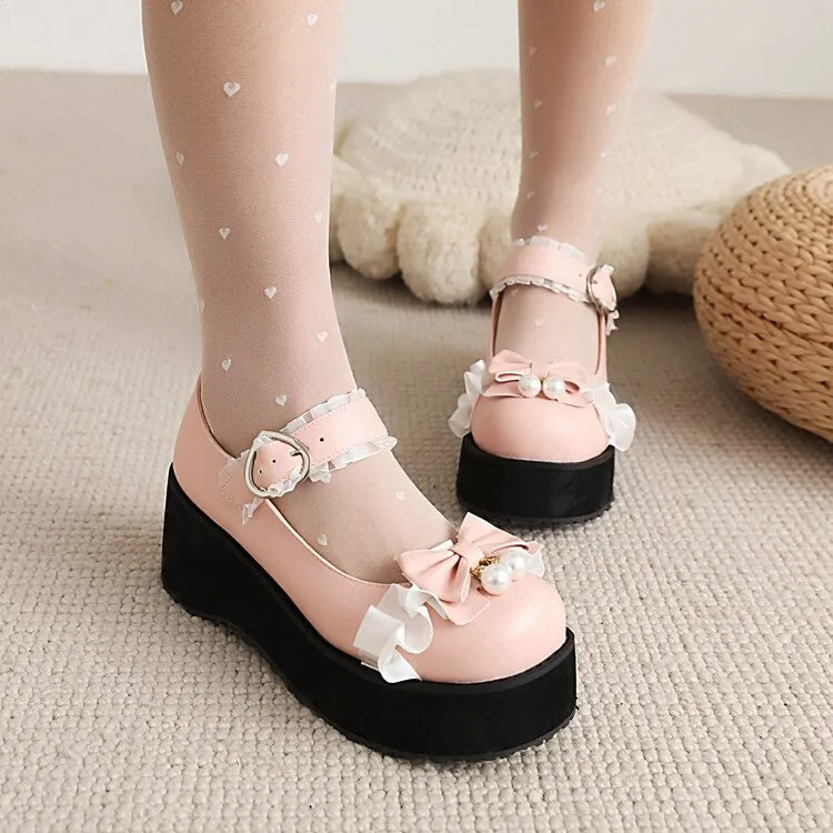 Women's Lolita Bow Tie Mary Janes Wedge Heel Platform Pumps