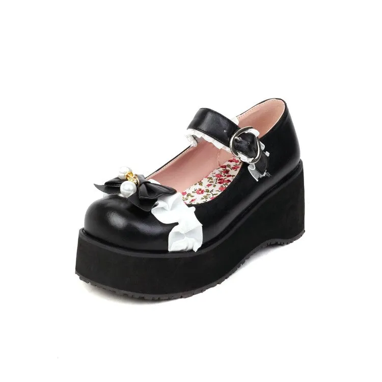 Women's Lolita Bow Tie Mary Janes Wedge Heel Platform Pumps