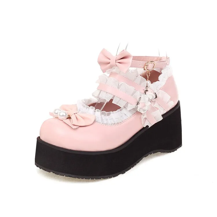 Women's Lolita Lace Bow Tie Pearls Wedge Heel Platform Pumps