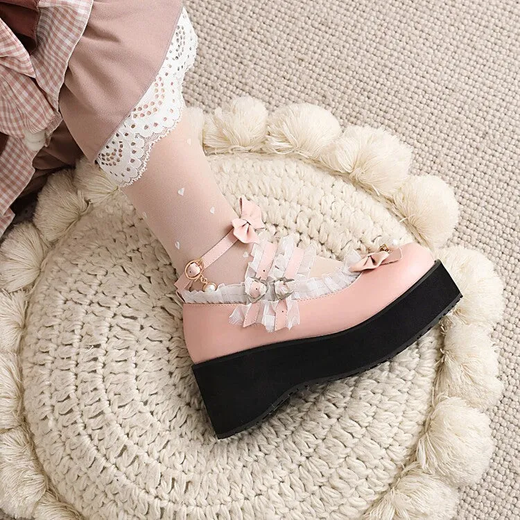 Women's Lolita Lace Bow Tie Pearls Wedge Heel Platform Pumps