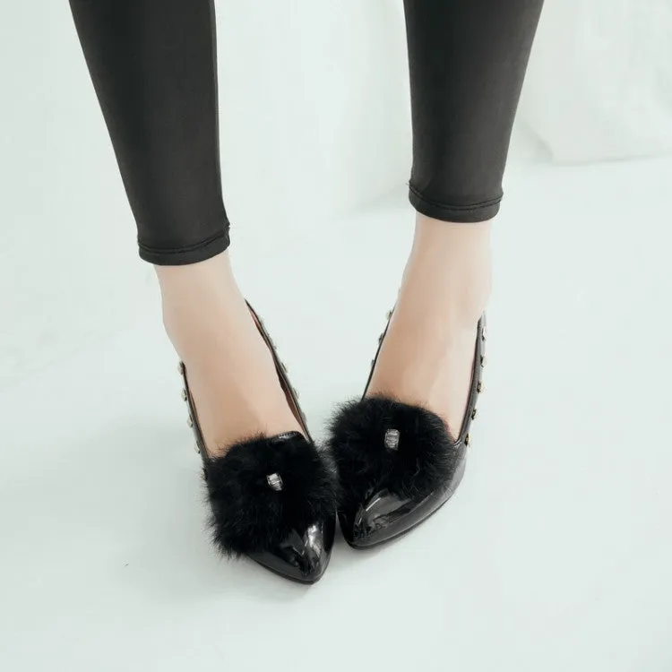 Women's Pointed Toe Furry Rivets Shallow Stiletto Heel Pumps