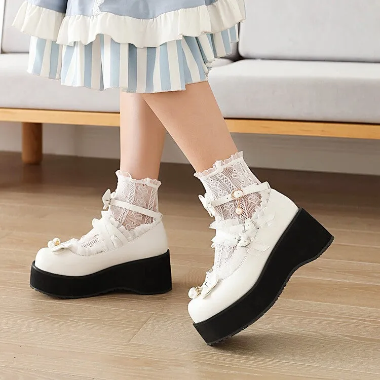 Women's Lolita Lace Bow Tie Pearls Wedge Heel Platform Pumps