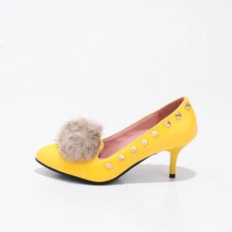 Women's Pointed Toe Furry Rivets Shallow Stiletto Heel Pumps