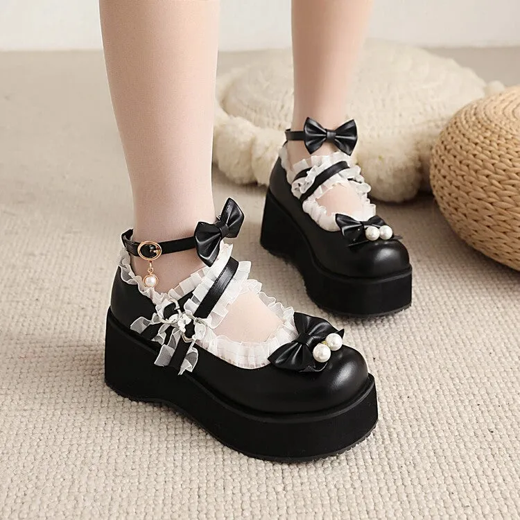 Women's Lolita Lace Bow Tie Pearls Wedge Heel Platform Pumps