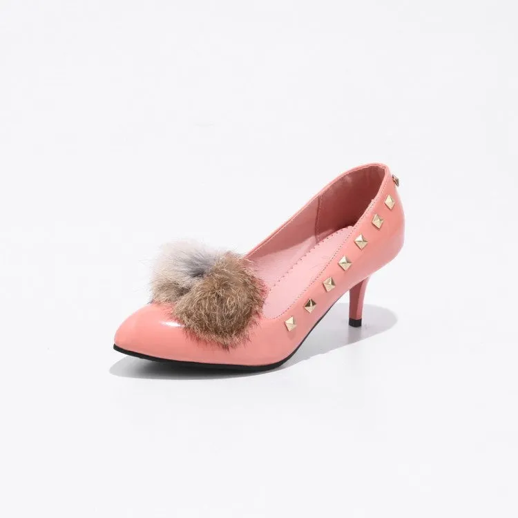 Women's Pointed Toe Furry Rivets Shallow Stiletto Heel Pumps