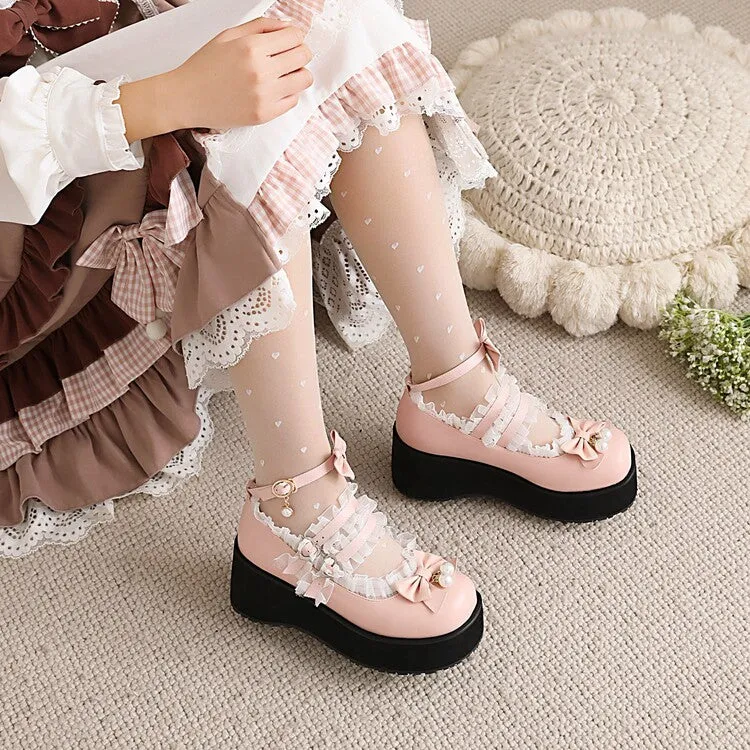 Women's Lolita Lace Bow Tie Pearls Wedge Heel Platform Pumps