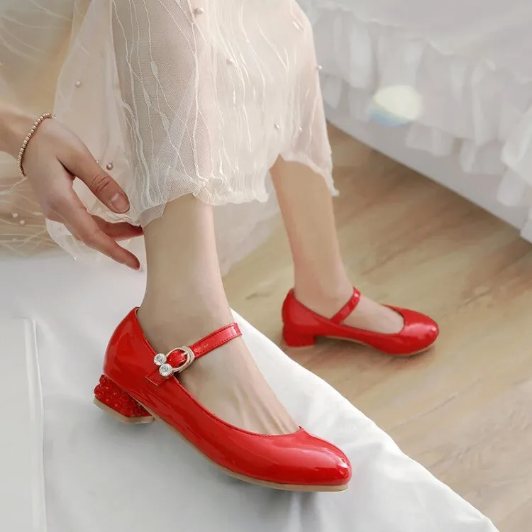 Women's Round Toe Mary Janes Buckle Straps Rhinestone Flat Pumps