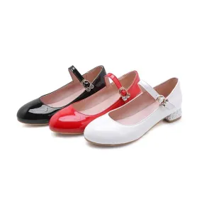 Women's Round Toe Mary Janes Buckle Straps Rhinestone Flat Pumps