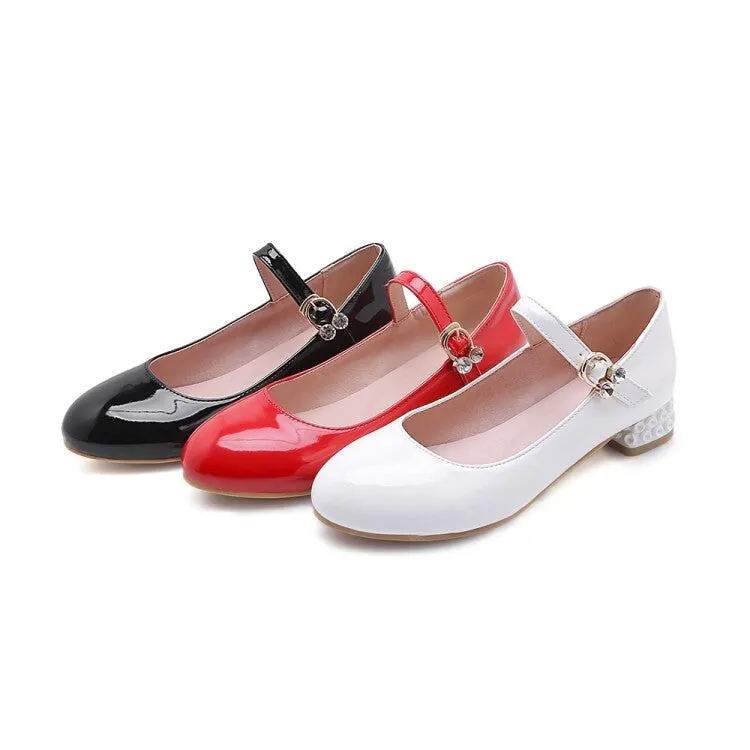 Women's Round Toe Mary Janes Buckle Straps Rhinestone Flat Pumps