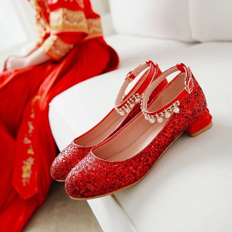 Women's Sparkling Sequins Pearls Shallow Ankle Strap Flat Pumps