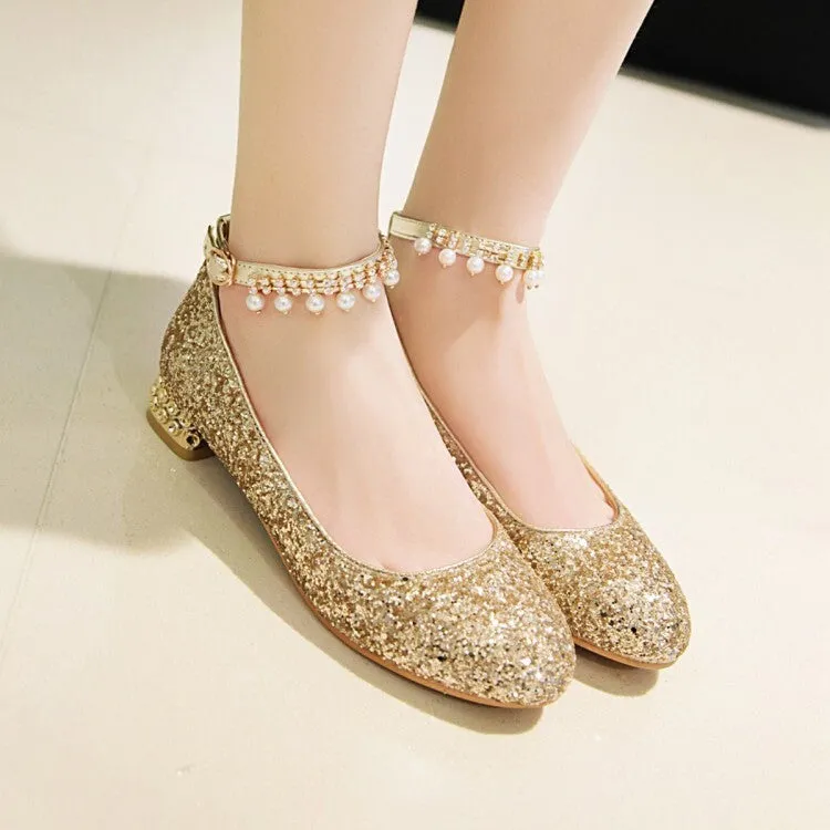 Women's Sparkling Sequins Pearls Shallow Ankle Strap Flat Pumps