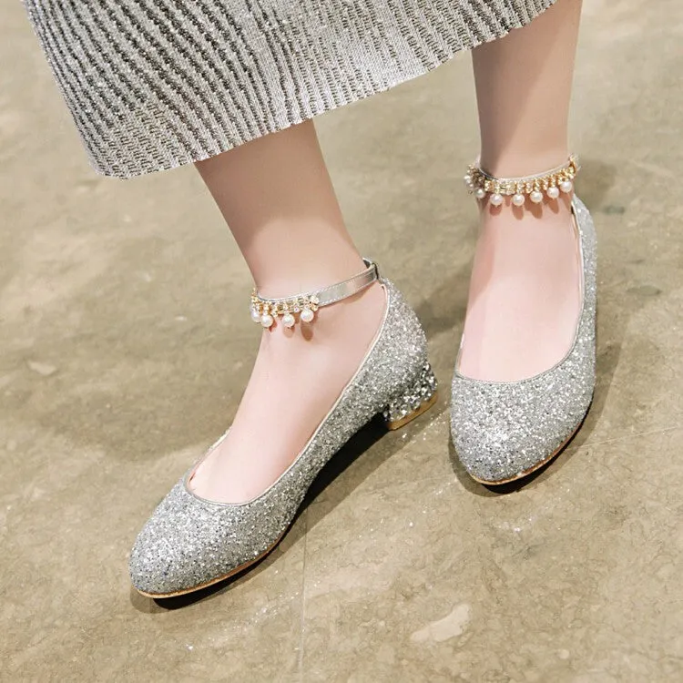 Women's Sparkling Sequins Pearls Shallow Ankle Strap Flat Pumps