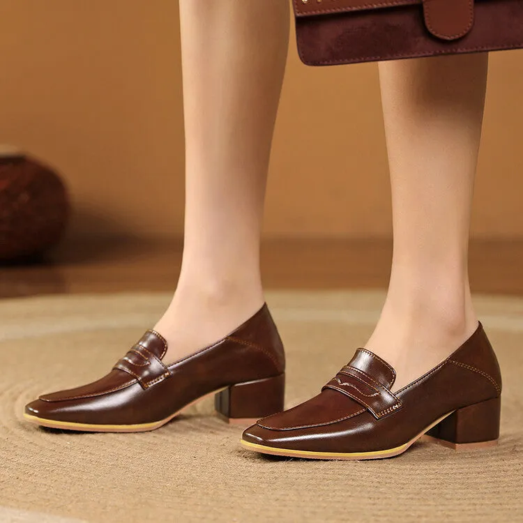 Women's Square Toe Shallow Block Heel Slip-On Loafers Loafers