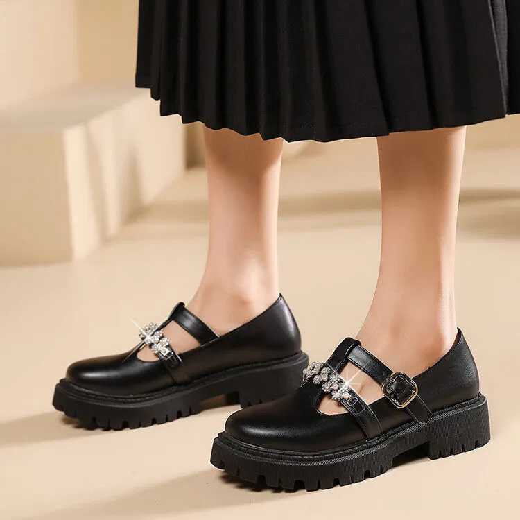 Women's T Strap Rhinestone Platform Slip-On Loafers