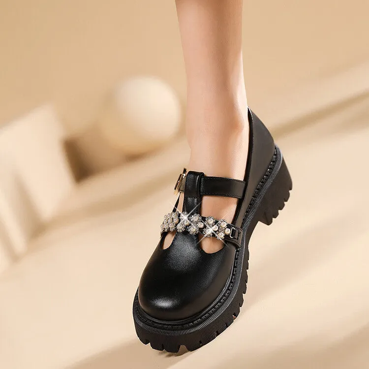 Women's T Strap Rhinestone Platform Slip-On Loafers